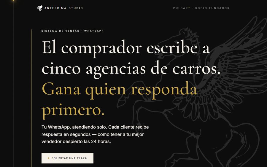 Página de Polaris™: titular en serif sobre negro, el Pegaso al margen y un botón de contacto.