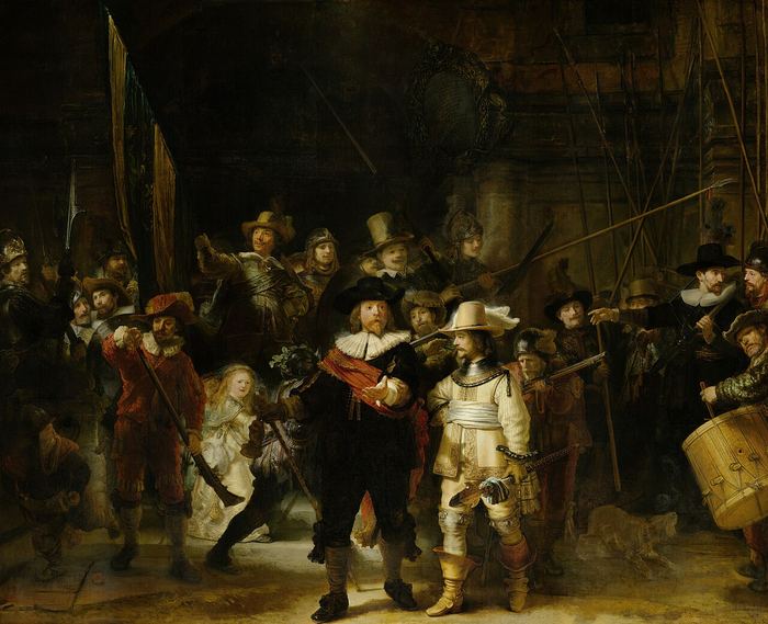 Una compañía saliendo de la sombra hacia la luz, en marcha, con lanzas y estandarte — Rembrandt van Rijn. Dominio público.